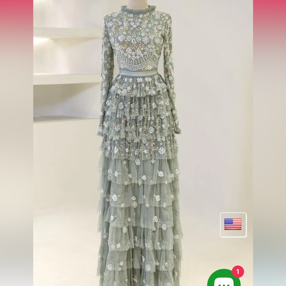 Embroidered Sage Green Evening Dress
